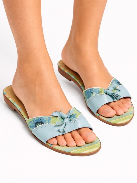 Talbots Shoes - Talbots Slide Sandals Blue Leather Bow Stripe Floral Women’s Size 9.5